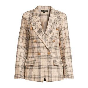 Stylish Plaid Double-Breasted Gold Button Blazer by Attitude Unknown